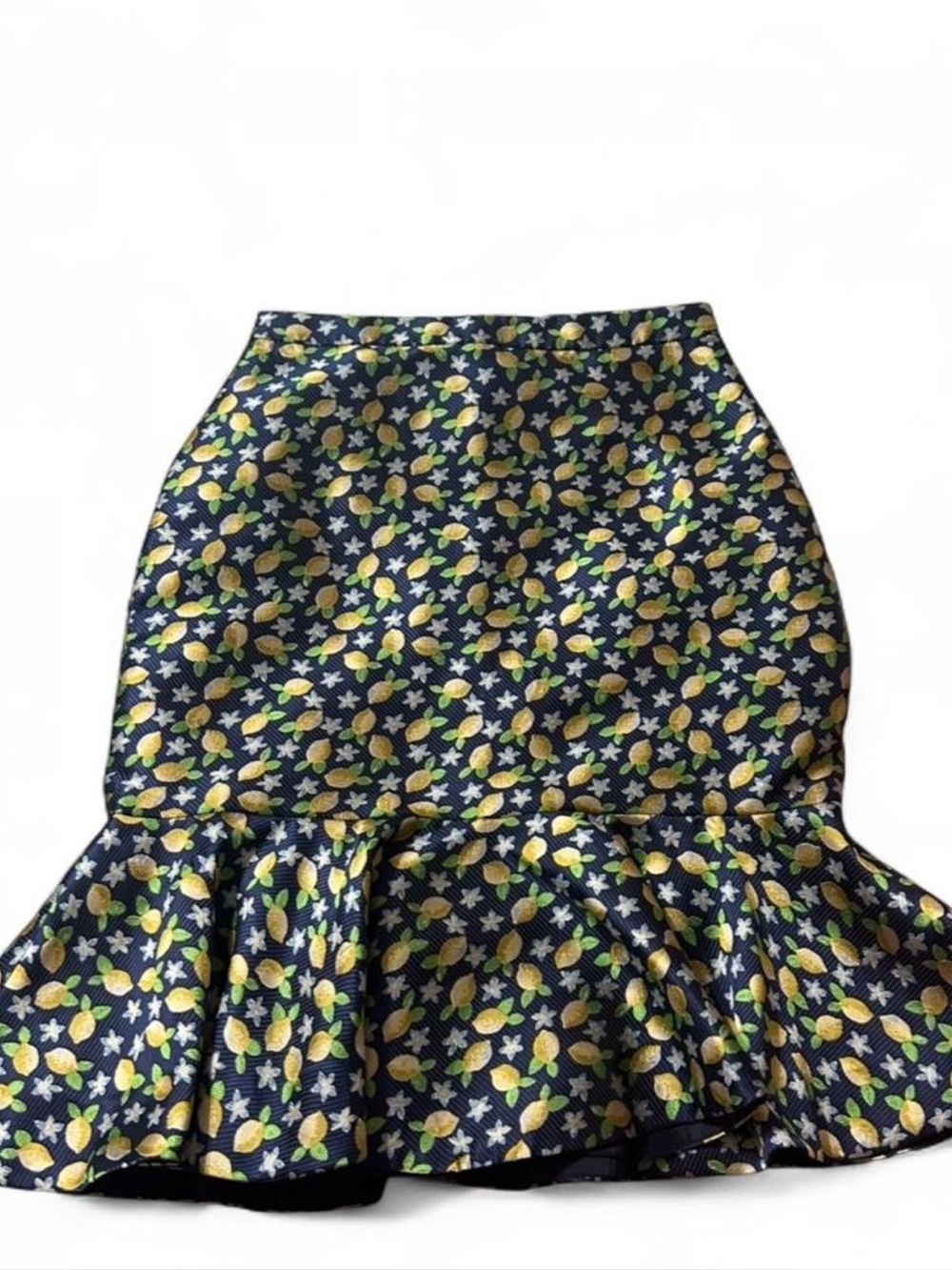 J. Crew Navy Skirt with Yellow Lemon Print and Ruffle Hem